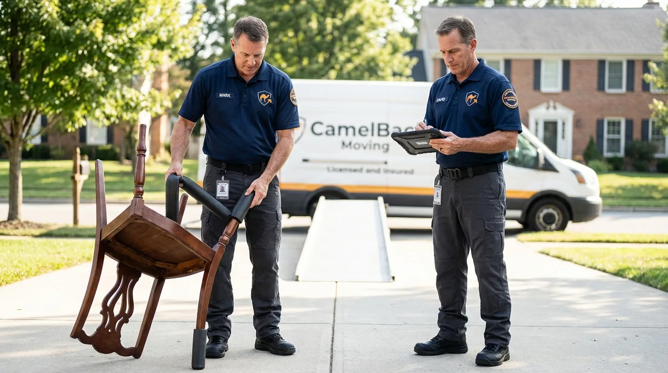 Movers inspecting furniture for damage prevention before loading in Montross, VA